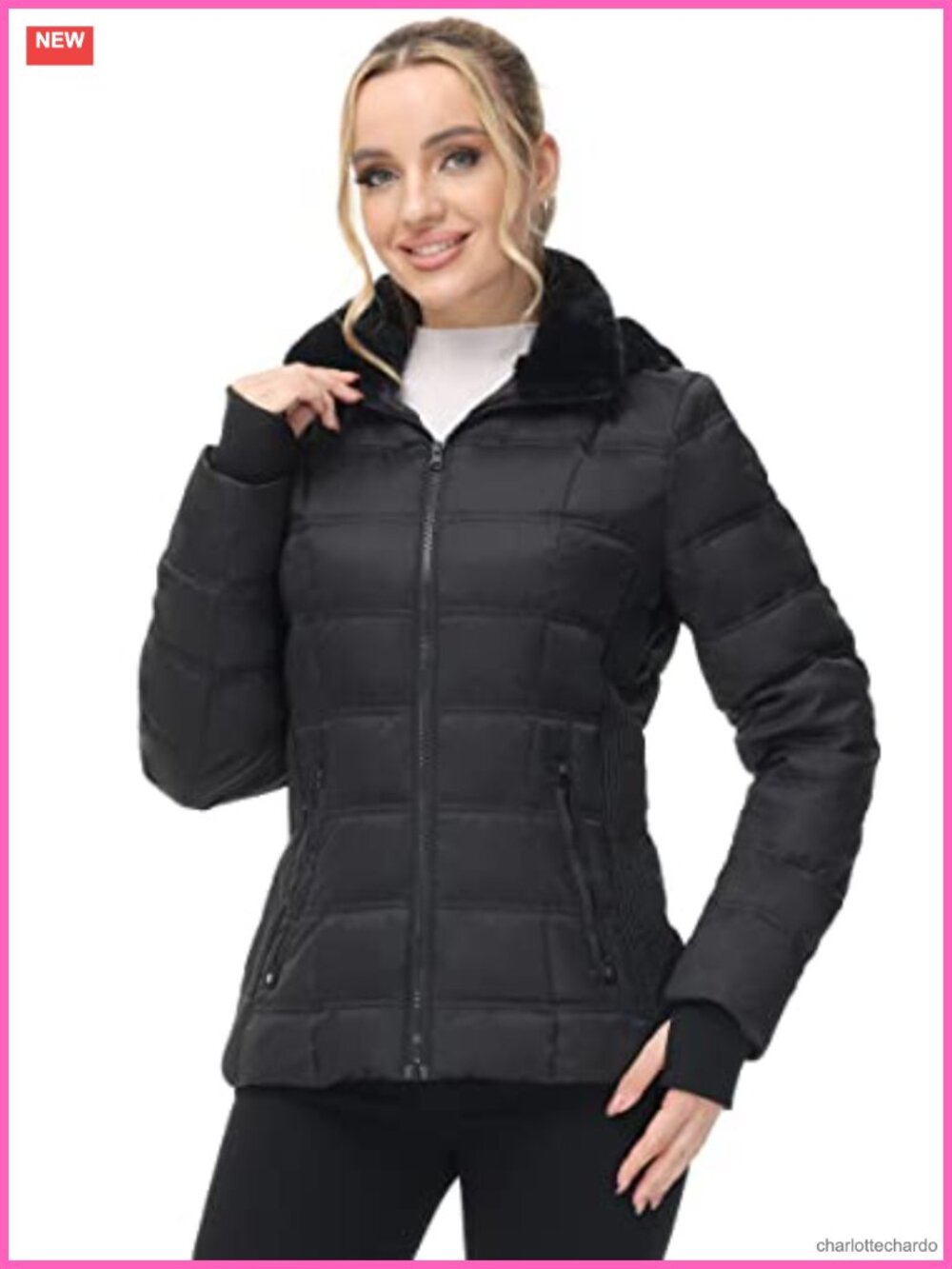 Women's Winter Down Puffer Jacket Faux Fur Lined Hood Thumbhole Cuffs